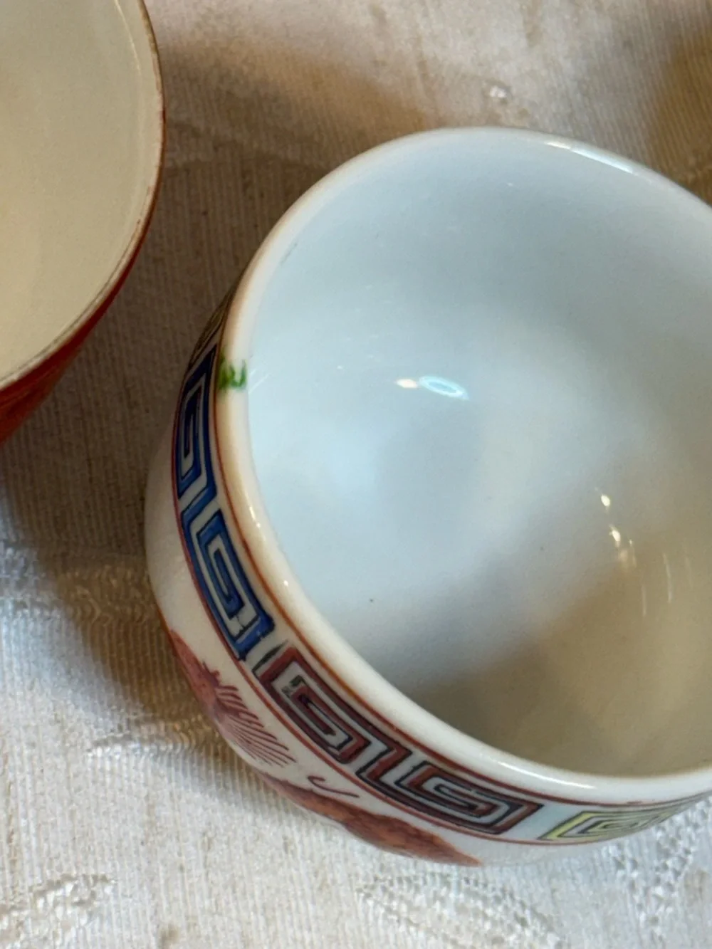 Vintage Chinese Porcelain 3 pc Teacup Set: Dragon & Phoenix, Crane and‎ Symbols